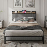 Full Size Bed Frame with Charging Station, Upholstered Headboard, Metal Platform, Grey W1960131344