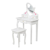 Children's Wooden Dressing Table Reversible Round Mirror Dressing Table Chair Three Drawers White 09401206