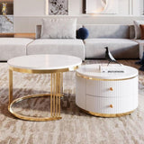 ZNTS Modern 2 Pieces White Round Nesting Coffee Table with Drawers in 27.6'' 61260641