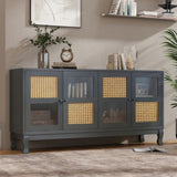 Retro 4-Door Sideboard with Large Storage Space Artificial Rattan Doors and Transparent Glass, W2696P256247