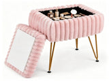 Faux Fur Vanity Stool with Hidden Storage, Reversible Lid Convertible Ottoman Stool, Gold Metal Legs 86694254