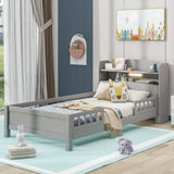 Wood Twin Size Platform Bed with Built-in LED Light, Storage Headboard and Guardrail, Antique Grey WF308150AAE