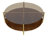Luxurious Round Coffee Table with-Tinted Tempered Glass Top Walnut Wood Storage Shelf, Sturdy W1935P457159