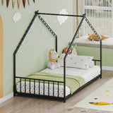 Twin size children's bed frame with LED light strips, roof-shaped iron frame bed, black,78.5" L x W1820P308329