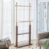 Golden Stainless Steel Hanger, Walnut Colored Solid Wood Double-Layer Coat Rack, 68.9 Inches High W1151P276823