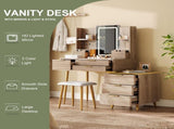 7-Drawer Vanity Desk with LED Mirror & Carved Details, Fluted Makeup Table with Metal Legs and PU 44048891