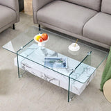 43.3 Inch Modern Two-Tier Coffee Table - Clear Tempered Glass and White Marble Texture, W1151P232633