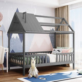Twin Size Wood House Bed with Fence, Gray WF289640AAE