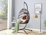 Indoor Outdoor Egg Swing Chair with Stand, Patio Grey Wicker Rattan Hanging Chair with Rope Back, W2920P281902