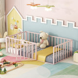 Twin Size Metal Floor Bed Frame with Fence and Door, Pink MF307108AAH