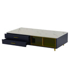 Modern Navy Blue Coffee Table with 2 Glass Door Storage, 4 Drawers, Gold Metal Legs, and Multi-Color N735P167910
