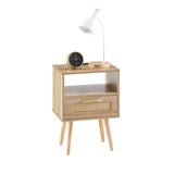 15.75" Rattan End table with Power Outlet & USB Ports , Modern nightstand with drawer and solid wood W126573116