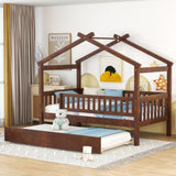 Twin Size Wooden House Bed with Twin Size Trundle, Walnut WF302178AAL