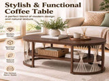 2-Tier Oval Coffee Table, 37.8" x 19.7" x 18.1", Melamine MDF & Iron Frame, Rattan Shelf, Walnut 26028317