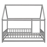 ZNTS Full Size Floor Wooden Bed with House Roof Frame, Fence Guardrails ,Grey 34864864