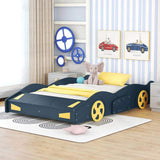 Full Size Race Car-Shaped Platform Bed with Wheels and Storage, Dark BlueYellow WF305760AAC