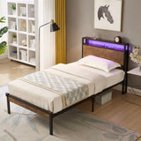 Twin Size Metal Platform Bed Frame with Wooden Headboard and Footboard with USB LINER, LED Lights 30470220