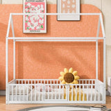 Twin Size Metal House Bed with Fence and Door, White MF315932AAK