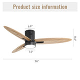 ZNTS 56 Inch Modern Design Flush Mount Ceiling Fan with Light and Remote Control, 3 Solid Wood Blades W934P211146