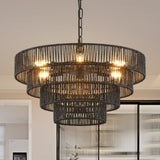 Rustic 4-Tier Black Hemp Rope Chandelier with 6 E12 Sockets, UL Listed Hardwired Pendant Light, W1340P241298