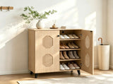 Closed Entryway Shoe Storage Cabinet, Natural Finish Engineered Wood Narrow Shoe Organizer Cabinet 58982031