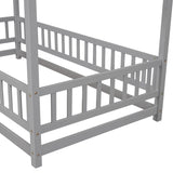 ZNTS Twin Size Floor Wooden Bed with House Roof Frame, Fence Guardrails,Grey 40028728