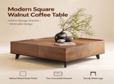 35.43" Square Walnut Finish Coffee Table with Hidden Drawer and Black Base, Modern Large Cocktail W5909P583195