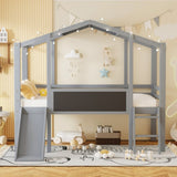 Twin Size Loft Bed with Ladder and Slide, House Bed with Blackboard and Light Strip on the Roof, WF324323AAE