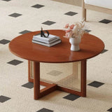 A natural and elegant deep red wooden coffee table with artificial rattan decorations, perfect for a W1512P363031