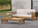 Outdoor Acacia Wood and Iron Loveseat and Coffee Table Set with Cushions, Teak, Black, Beige 73021.00BGE
