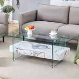 43.3 Inch Modern Two-Tier Coffee Table - Clear Tempered Glass and White Marble Texture, W1151P232633