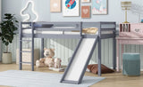 Twin Low Loft Bed with Slide, Ladder, Safety Guardrails, Rubber Wood Twin Loft Bed,Grey W504P218522