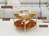 Luxurious Round Coffee Table with-Tinted Tempered Glass Top Walnut Wood Storage Shelf, Sturdy W1935P457159