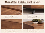 35.43" Square Walnut Finish Coffee Table with Hidden Drawer and Black Base, Modern Large Cocktail W5909P583195