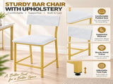 Bar Table and Stool Set 1 Table 2 Stools, White Marble Pattern MDF Tabletop & Gold Metal Frame, 19492848
