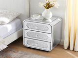 Mirrored Nightstand with 3 Drawers, Silver End Table with Crystal Handles, Modern Bedside Table for W1005P562305