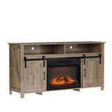 58" Gray Wash Barn Door Fireplace TV Stand for 23" Insert, Sliding Track Design 13777923