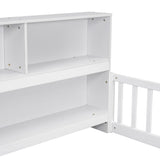 Full Floor Bed with Side Bookcase,Shelves,Guardrails,White W504142775