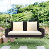 GO 2-Person Wicker Hanging Porch Swing with Chains, Cushion, Pillow, Rattan Swing Bench for Garden, WF285005AAD