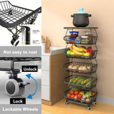 6-Tier Fruit Basket Rack, Stackable Wire Basket Cart with Solid Wood Top, Kitchen Vegetable 90617282
