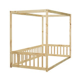 Twin Size Canopy Frame Floor Bed with Fence, Guardrails,Natural W504P143279