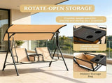 Beige 2-Seat Porch Swing with Adjustable Canopy, Built-in Storage Table & Cup Holders for Backyard 02083236
