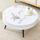 ZNTS 31.5" White Marble-Patterned MDF Round Coffee Table with black Metal Legs.Adjustable Feet,Coffee W1151P205775