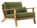 Mid-Century Oak Accent Chair - Linen-Cotton Forest Green Upholstered Single Lounge Chair, Indoor 45317043