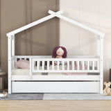 Twin Size Wooden House Bed with Twin Size Trundle, White WF302178AAK