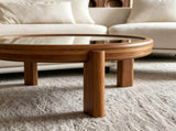33.46" Round Coffee Table with Silver Mirrored Top, Solid Wood Frame & Cylindrical Legs, Mid-Century W3158P534695