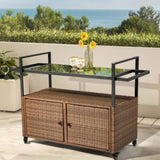 ZNTS Outdoor Bar Cart Table, Large Wicker Island Rolling Cart, Wheeled Buffet Serving Cart with Glass Top 04069114