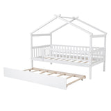 Twin Size Wooden House Bed with Twin Size Trundle, White WF302178AAK