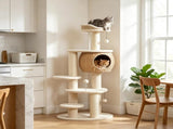 Cat Tree 52 Inch Cat Tower with Handwoven Cattail Condo Bed Platforms 3 Scratching Posts 3 Toy Balls 82785661