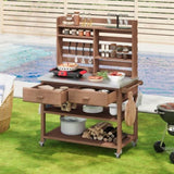 K&K 64.9"H Outdoor Potting Bench Table with Lockable Wheels, Solid Wood Outdoor Kitchen Island with N707P228274Z